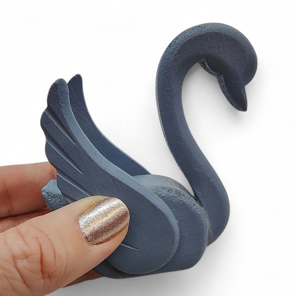 Wooden Swan Figurine • Blue Gray Tabletop Sculpture • Cottagecore Bird Decor 3" - Picture 1 of 8